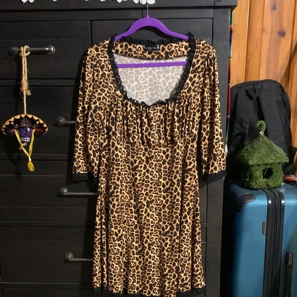knee length dresses for ladies Stylish Leopard Print Lace Trim Dress Leopard Print / XL main image 1